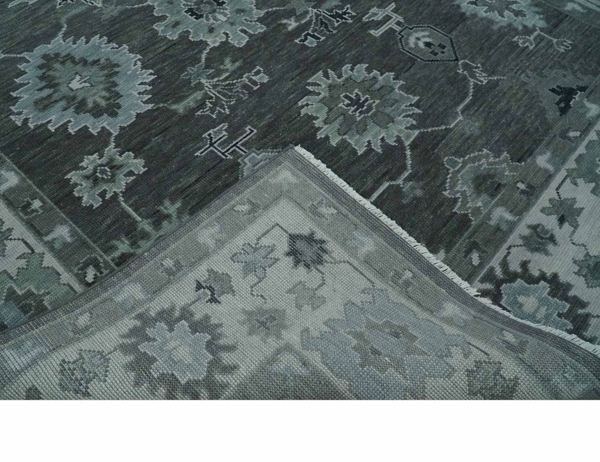 Antique Hand Knotted Charcoal and Ivory Traditional Oushak Wool Area Rug
