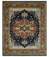 Blue and Rust Hand Knotted Traditional Vintage Style Heriz Serapi Multi Size Wool Area Rug