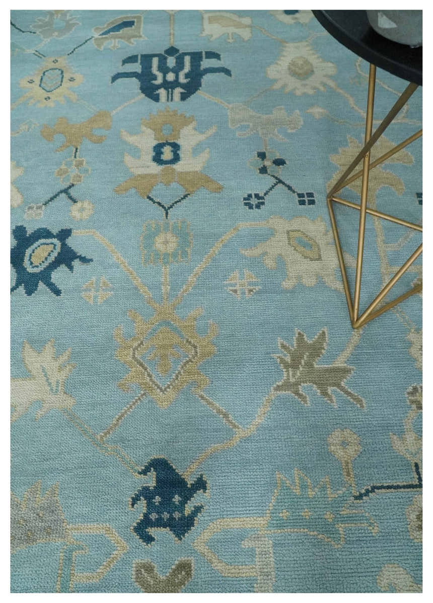 Antique Blue, Ivory and Beige Multi Size Traditional Oushak Wool Rug