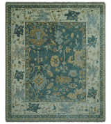 Antique Style Hand Knotted Teal and Ivory Oushak Multi Size wool Rug