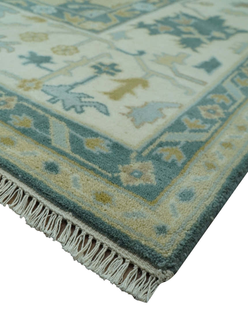 Antique Style Hand Knotted Teal and Ivory Oushak Multi Size wool Rug