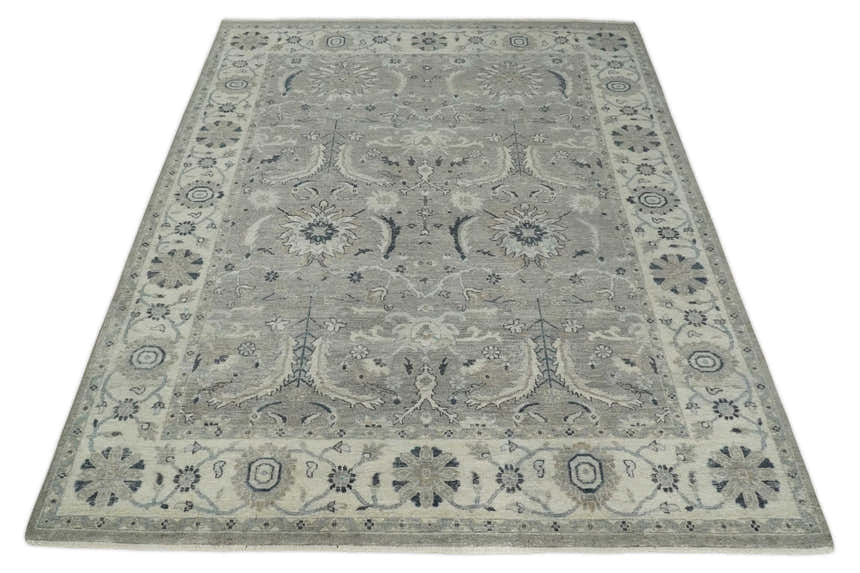Custom Made Antique Distressed Brown and Beige Hand Knotted Traditional Oriental Oushak Wool Area Rug