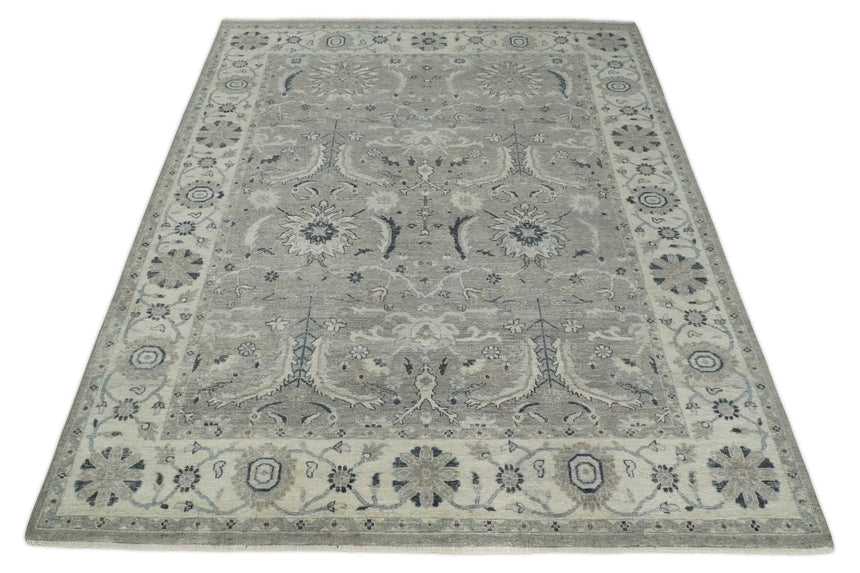 Custom Made Antique Distressed Brown and Beige Hand Knotted Traditional Oriental Oushak Wool Area Rug