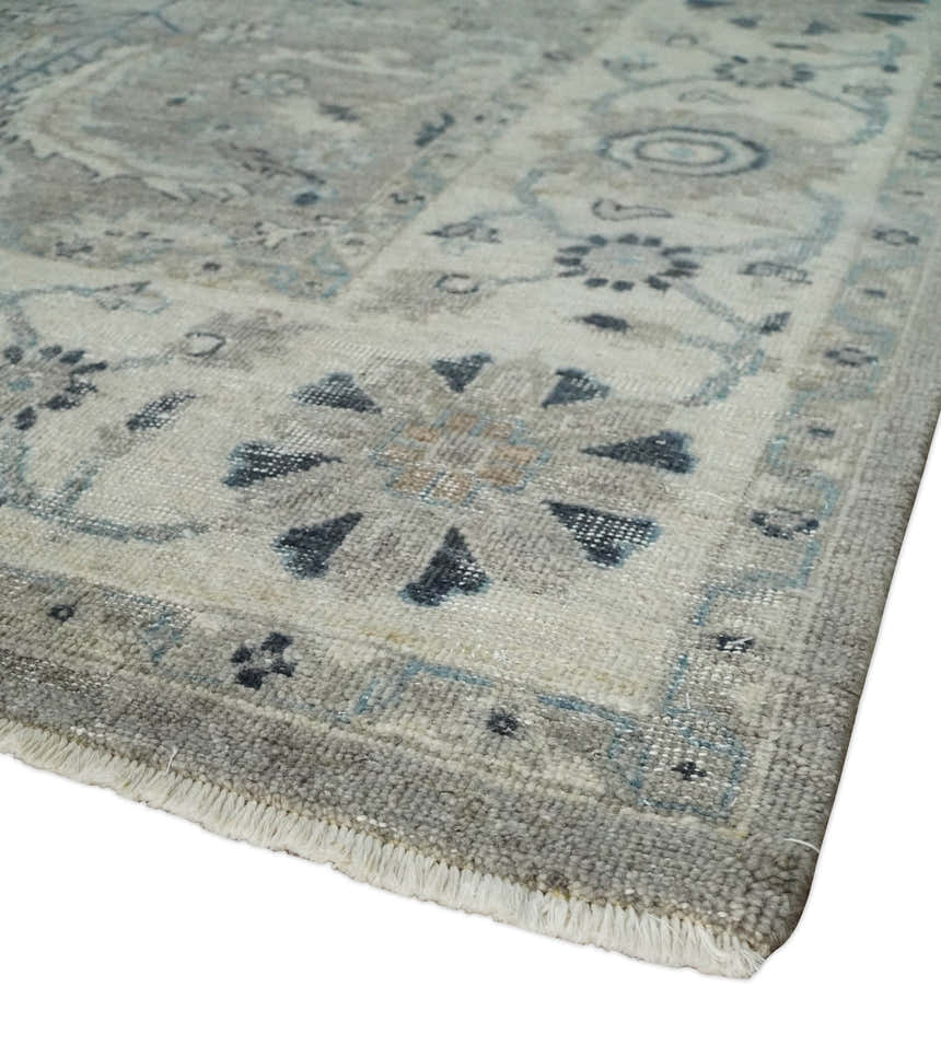 Custom Made Antique Distressed Brown and Beige Hand Knotted Traditional Oriental Oushak Wool Area Rug