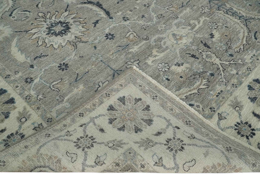 Custom Made Antique Distressed Brown and Beige Hand Knotted Traditional Oriental Oushak Wool Area Rug
