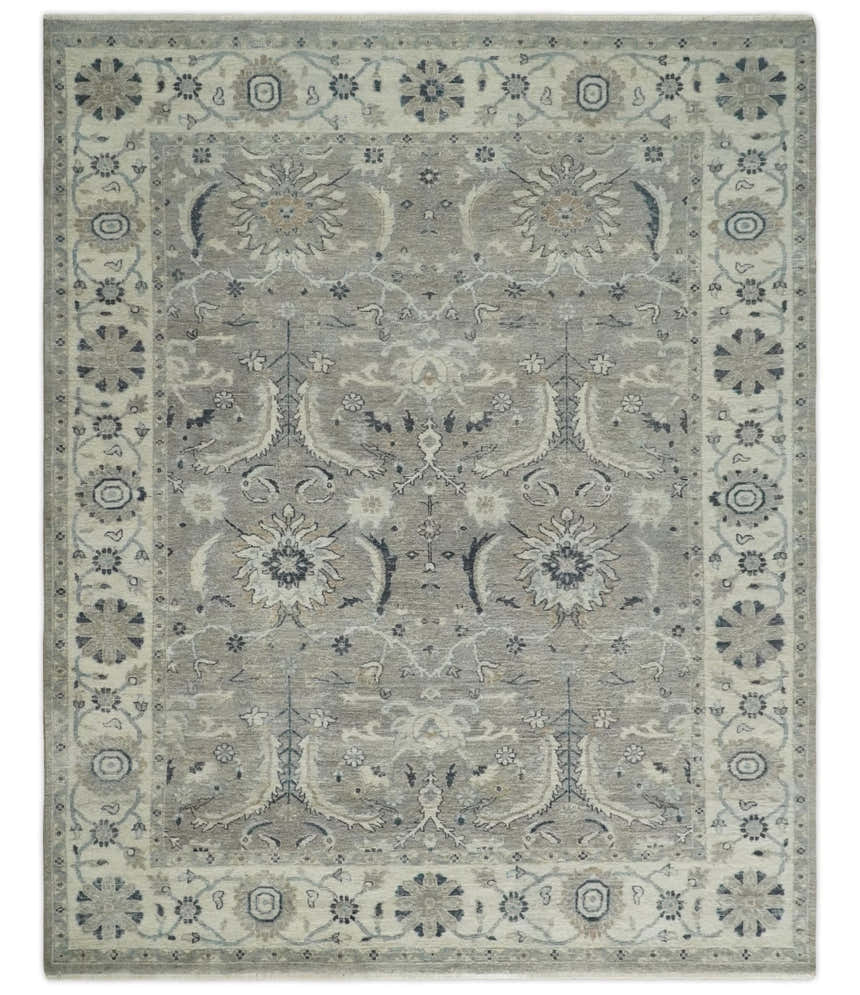 Custom Made Antique Distressed Brown and Beige Hand Knotted Traditional Oriental Oushak Wool Area Rug
