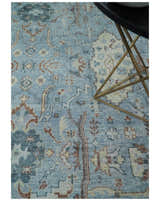 Antique Distressed finished Aqua, Beige and Brown Hand Knotted Low Pile Wool Area Rug