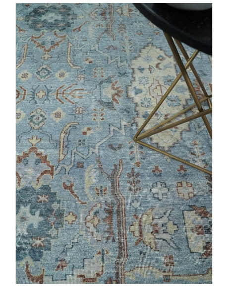 Antique Distressed finished Aqua, Beige and Brown Hand Knotted Low Pile Wool Area Rug