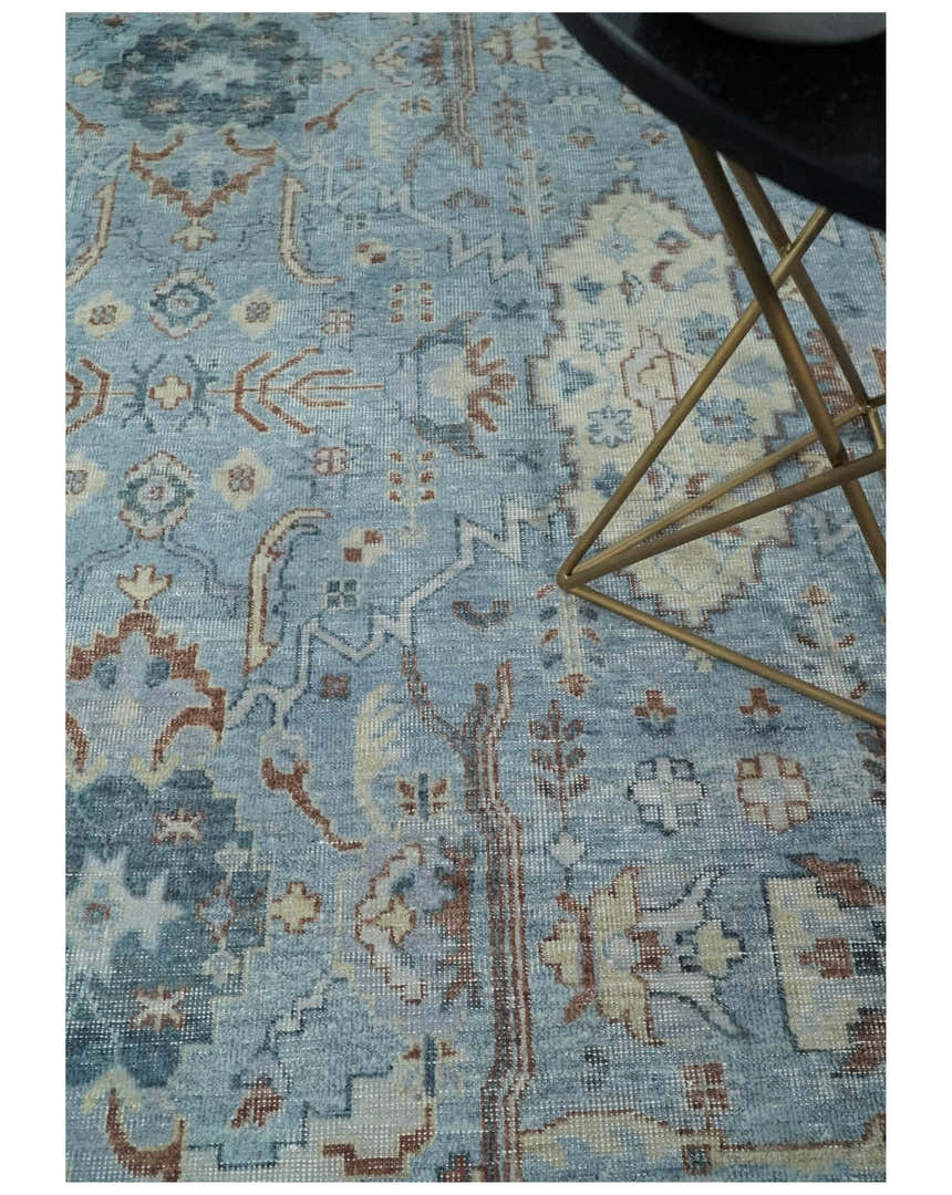 Antique Distressed finished Aqua, Beige and Brown Hand Knotted Low Pile Wool Area Rug