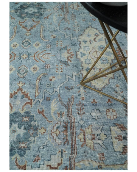Antique Distressed finished Aqua, Beige and Brown Hand Knotted Low Pile Wool Area Rug