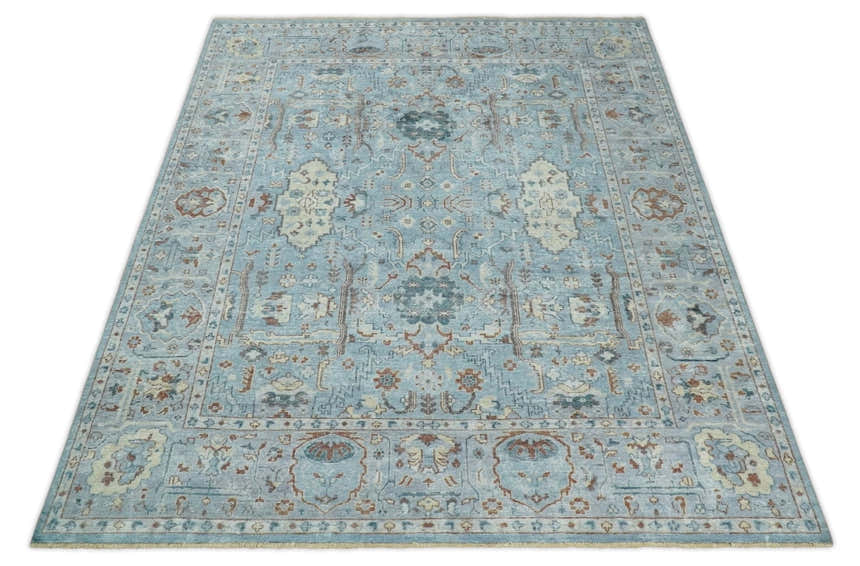 Antique Distressed finished Aqua, Beige and Brown Hand Knotted Low Pile Wool Area Rug