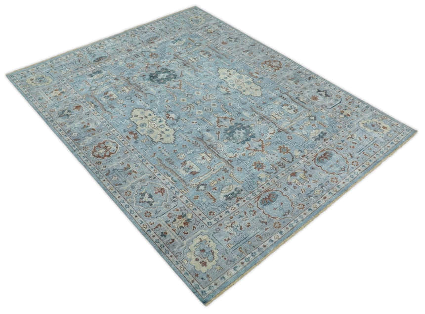 Antique Distressed finished Aqua, Beige and Brown Hand Knotted Low Pile Wool Area Rug