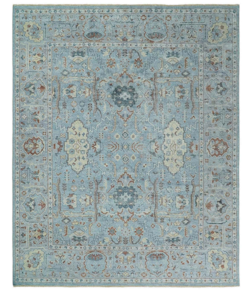 Antique Distressed finished Aqua, Beige and Brown Hand Knotted Low Pile Wool Area Rug