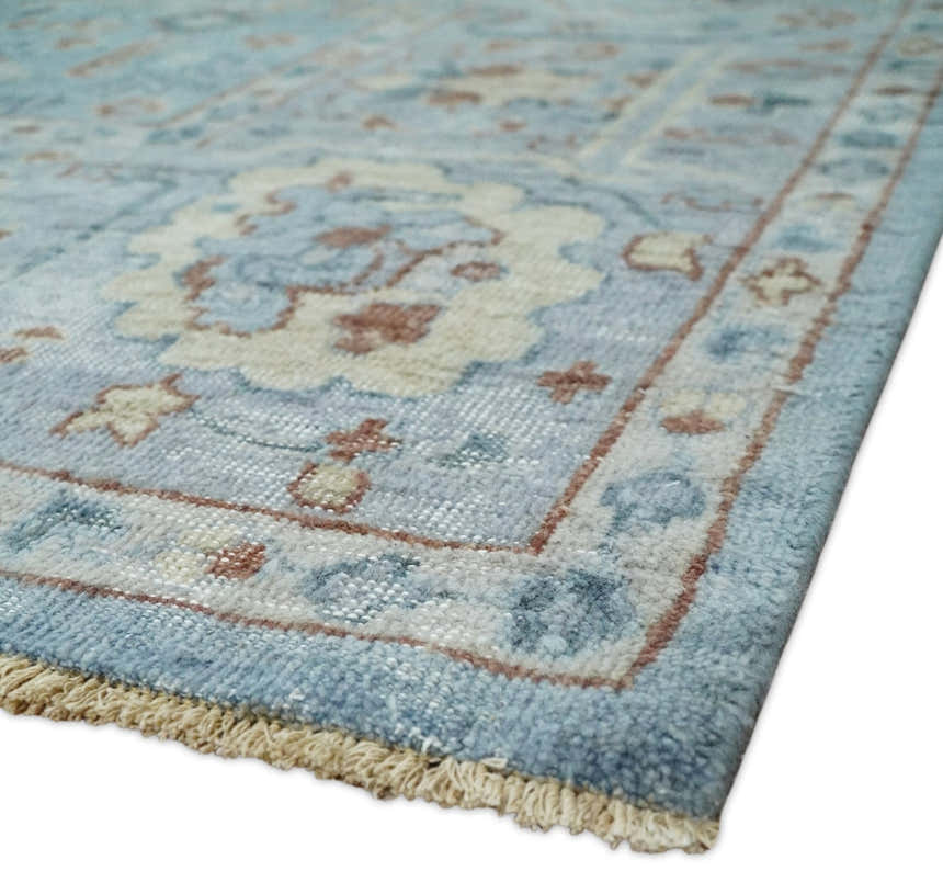 Antique Distressed finished Aqua, Beige and Brown Hand Knotted Low Pile Wool Area Rug