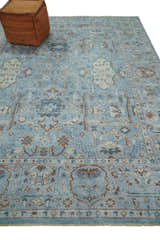 Antique Distressed finished Aqua, Beige and Brown Hand Knotted Low Pile Wool Area Rug