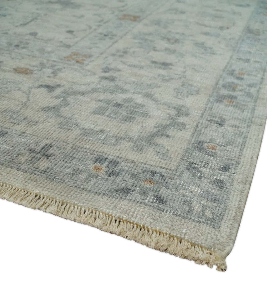 Antique Distressed look Beige and Charcoal Low Pile Multi Size Oushak wool Area Rug
