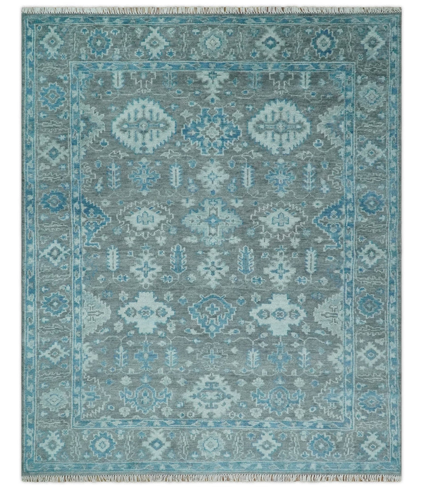 Antique Gray and Blue Hand Knotted 8x10 Oushak Turkish Wool Area Rug