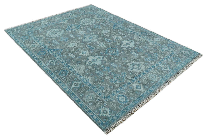 Antique Gray and Blue Hand Knotted 8x10 Oushak Turkish Wool Area Rug