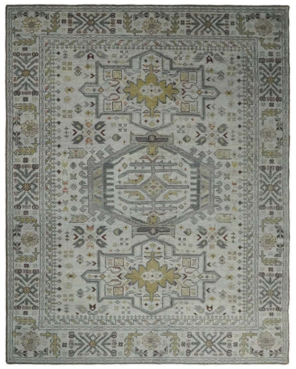 Vintage Distressed Turkish Hand Knotted Serapi Silver, Gray and Olive Traditional Custom Made wool Area Rug