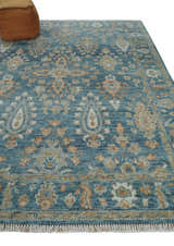 Custom Made Antique Hand Knotted Blue and Beige Traditional Oushak Wool Area Rug