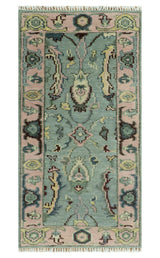 Antique Hand Knotted Green and Pink Traditional Oushak Multi Size Wool Area Rug