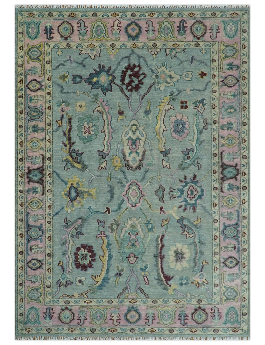 Antique Hand Knotted Green and Pink Traditional Oushak Multi Size Wool Area Rug