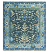 Antique Hand Knotted Green Moss and Blue Traditional Turkish Vintage Oushak Custom Made Wool Area Rug