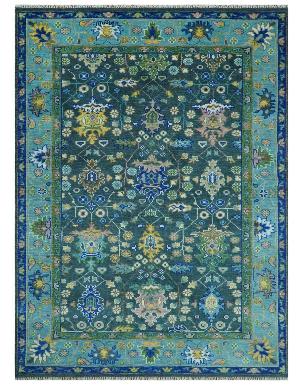 Antique Hand Knotted Green Moss and Blue Traditional Turkish Vintage Oushak Custom Made Wool Area Rug