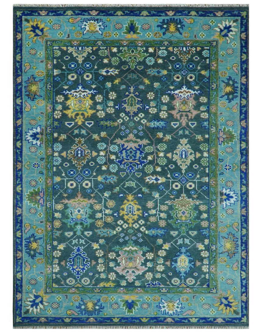 Antique Hand Knotted Green Moss and Blue Traditional Turkish Vintage Oushak Custom Made Wool Area Rug