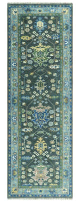 Antique Hand Knotted Green Moss and Blue Traditional Turkish Vintage Oushak Custom Made Wool Area Rug