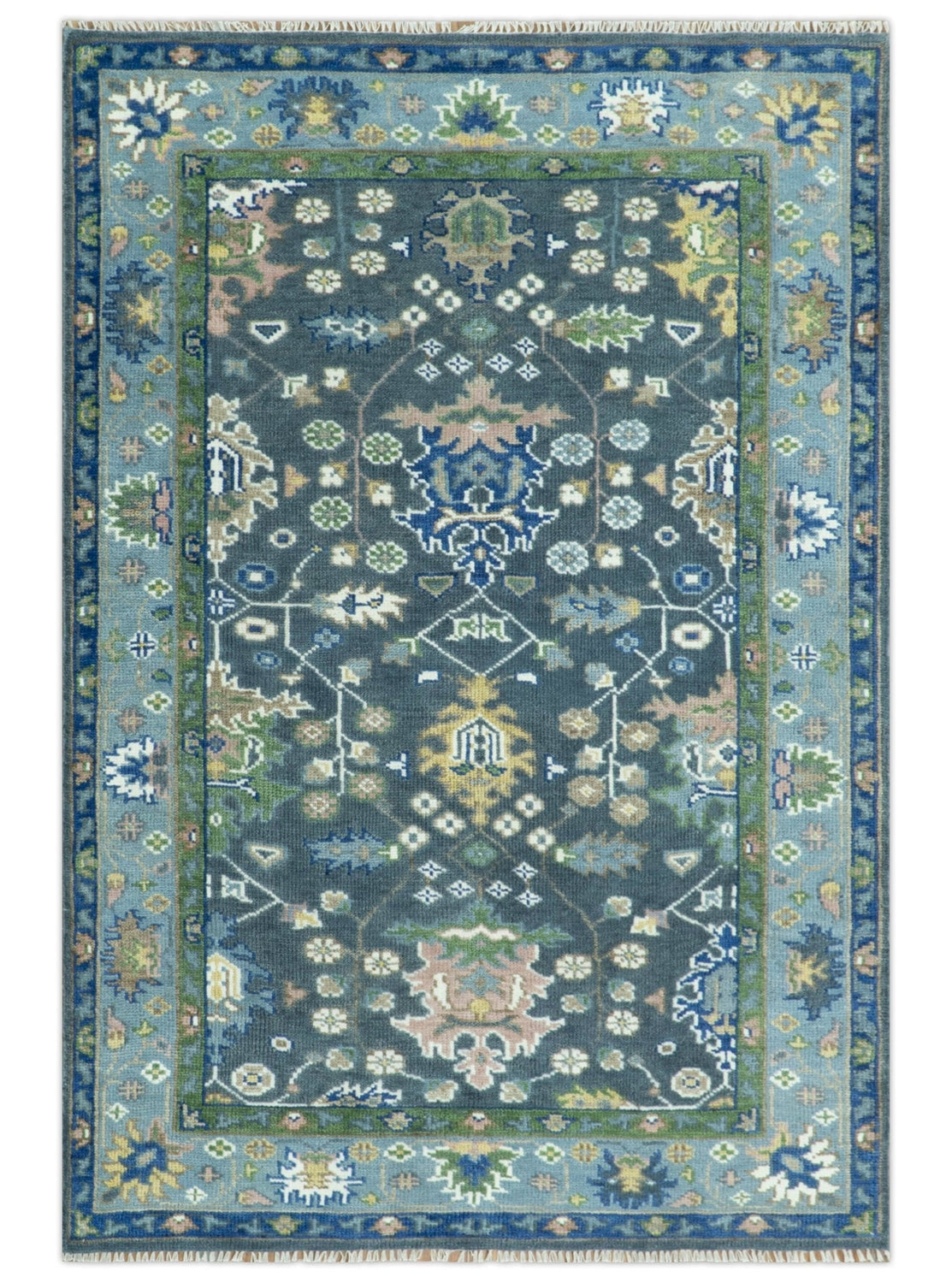 Antique Hand Knotted Green Moss and Blue Traditional Turkish Vintage Oushak Custom Made Wool Area Rug