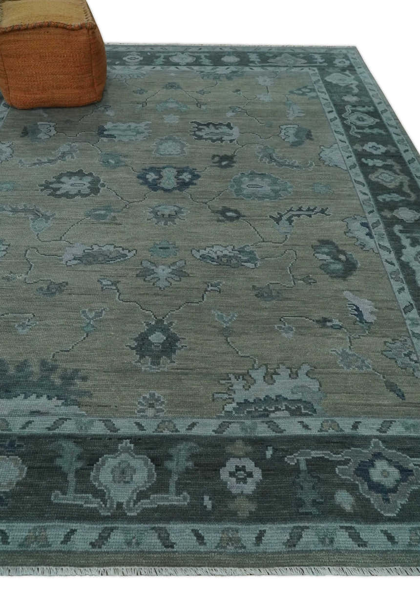 Antique Hand Knotted Beige, Charcoal and Silver Traditional Oushak wool Area Rug