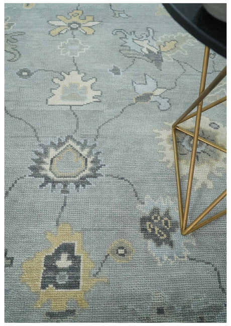 Antique Hand Knotted Silver and Charcoal Traditional Floral Oushak Wool Area Rug