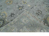 Antique Hand Knotted Silver and Charcoal Traditional Floral Oushak Wool Area Rug