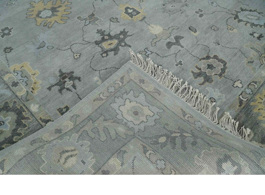 Antique Hand Knotted Silver and Charcoal Traditional Floral Oushak Wool Area Rug