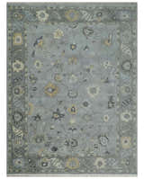 Antique Hand Knotted Silver and Charcoal Traditional Floral Oushak Wool Area Rug