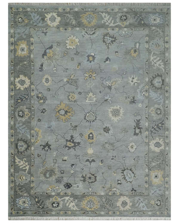 Antique Hand Knotted Silver and Charcoal Traditional Floral Oushak Wool Area Rug