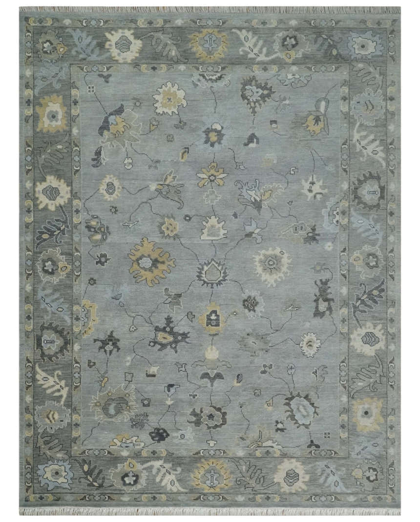 Antique Hand Knotted Silver and Charcoal Traditional Floral Oushak Wool Area Rug
