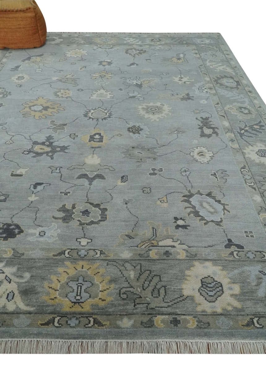 Antique Hand Knotted Silver and Charcoal Traditional Floral Oushak Wool Area Rug