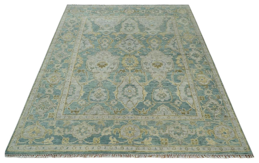 Hand Knotted Traditional Turkish Teal Oushak Wool Rug