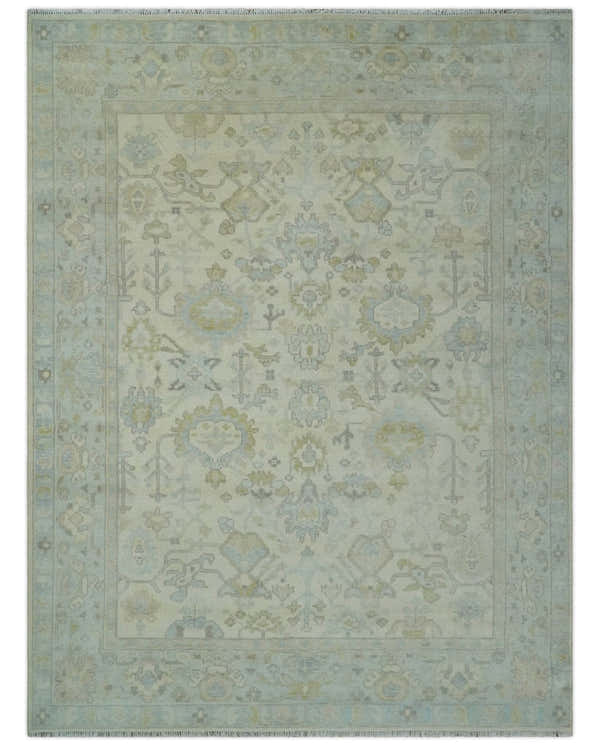 Antique look Beige and Gray Hand knotted Custom Made Oushak wool Area Rug