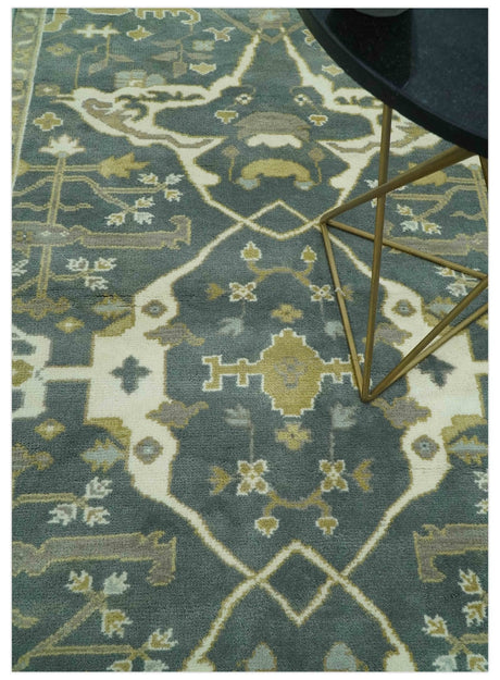 Antique look Charcoal, Ivory and Olive Hand Knotted Traditional Oriental Oushak wool rug