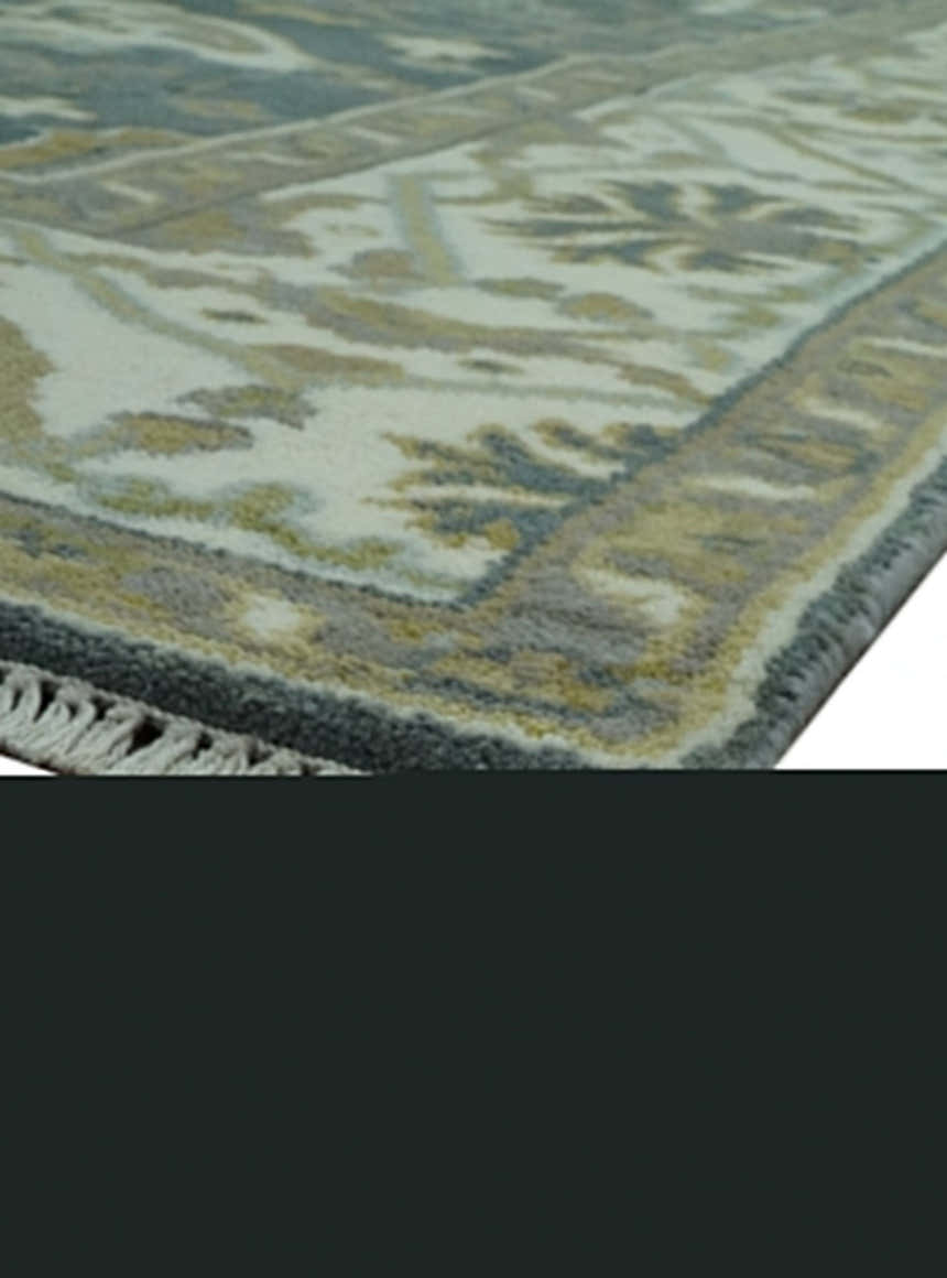 Antique look Charcoal, Ivory and Olive Hand Knotted Traditional Oriental Oushak wool rug