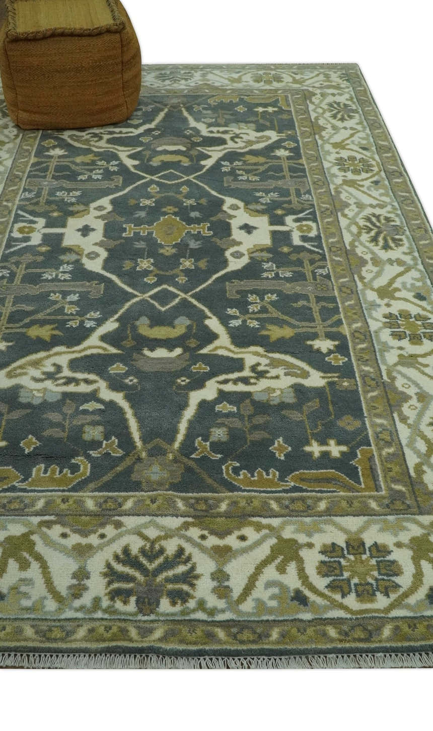 Antique look Charcoal, Ivory and Olive Hand Knotted Traditional Oriental Oushak wool rug