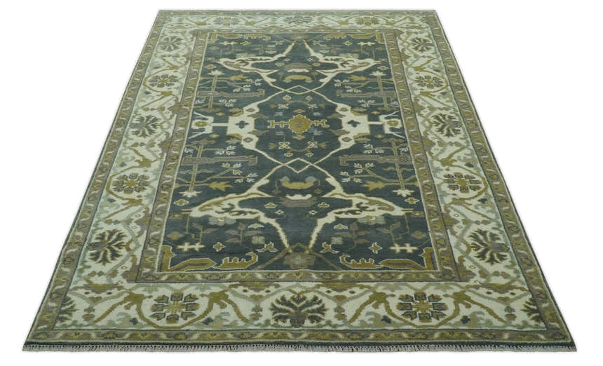 Antique look Charcoal, Ivory and Olive Hand Knotted Traditional Oriental Oushak wool rug
