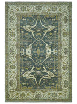 Antique look Charcoal, Ivory and Olive Hand Knotted Traditional Oriental Oushak wool rug
