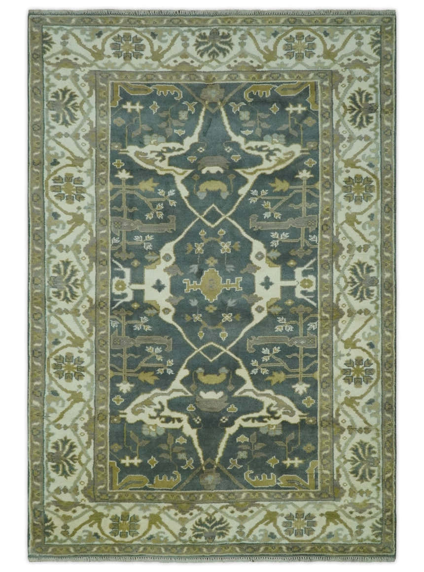 Antique look Charcoal, Ivory and Olive Hand Knotted Traditional Oriental Oushak wool rug