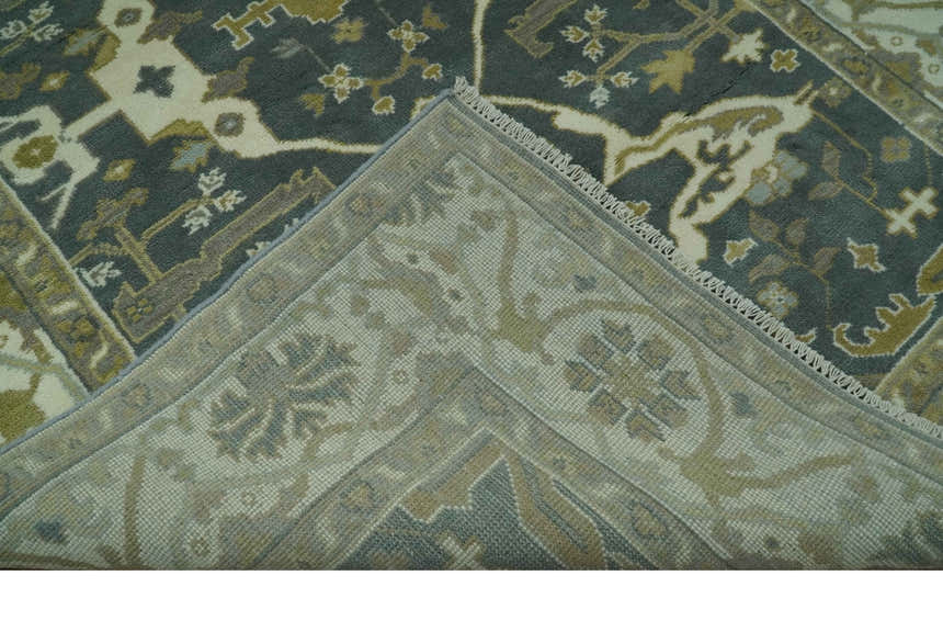 Antique look Charcoal, Ivory and Olive Hand Knotted Traditional Oriental Oushak wool rug