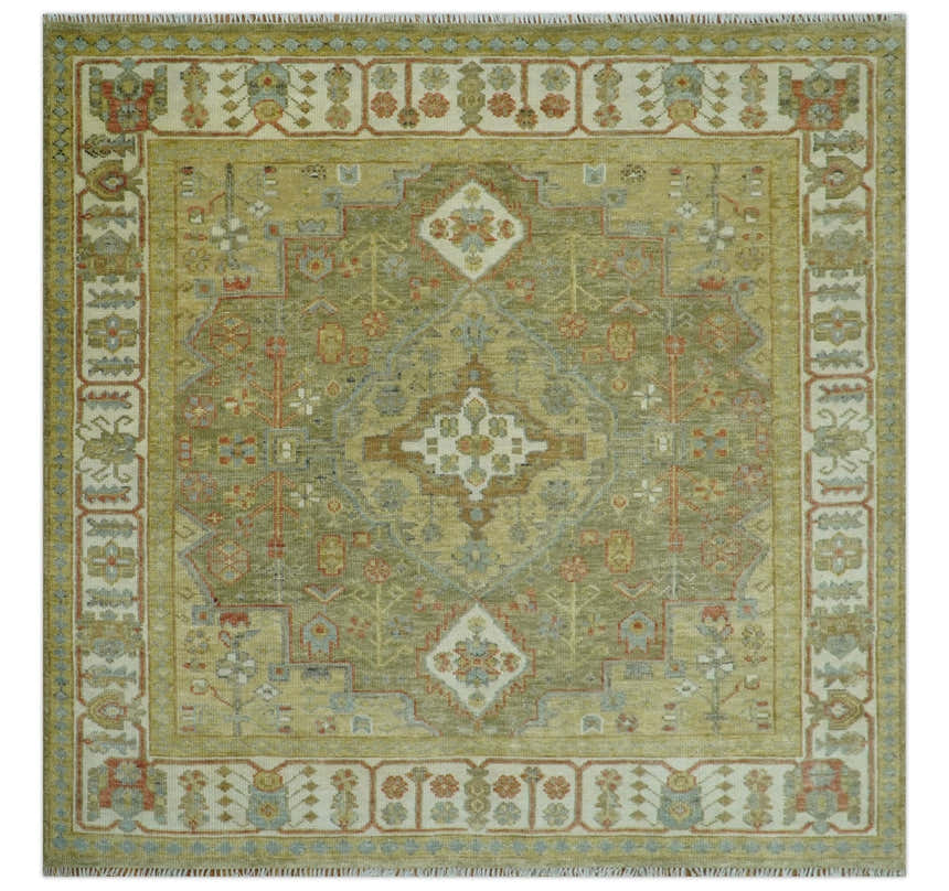 Antique Look Hand Knotted Medallion Olive and Ivory Vintage Style Wool Rug