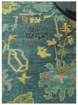 Antique look Teal and Olive Hand Knotted Traditional Oushak Custom Made wool rug